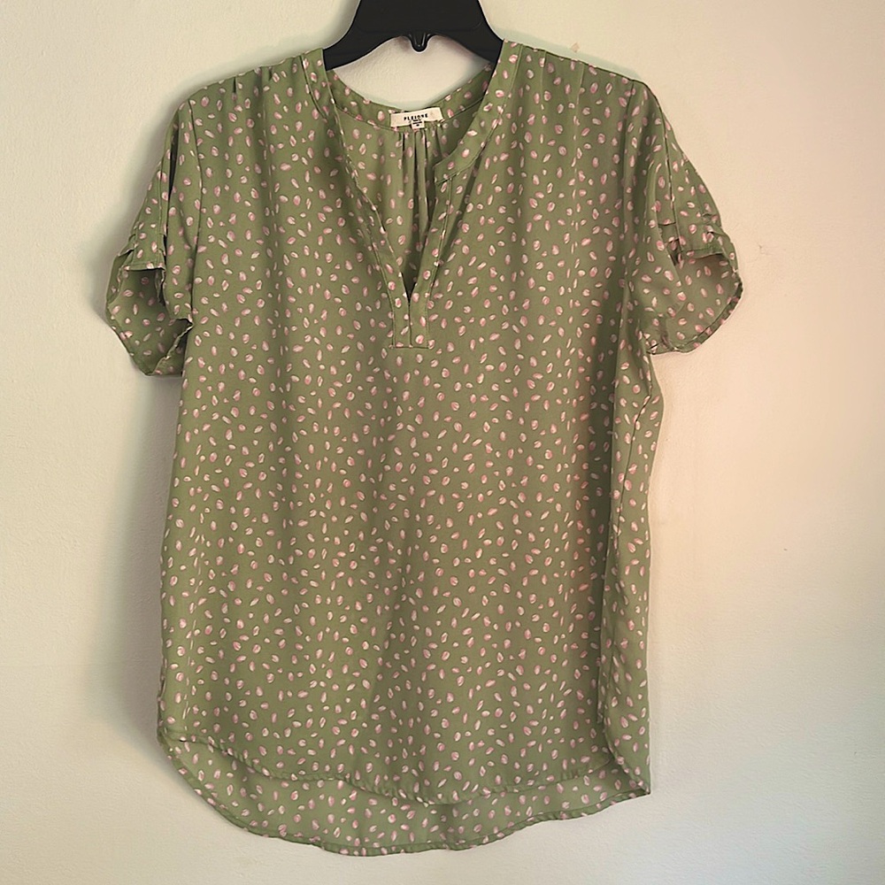 Sage green blouse with pink and white polkadots. | Size M